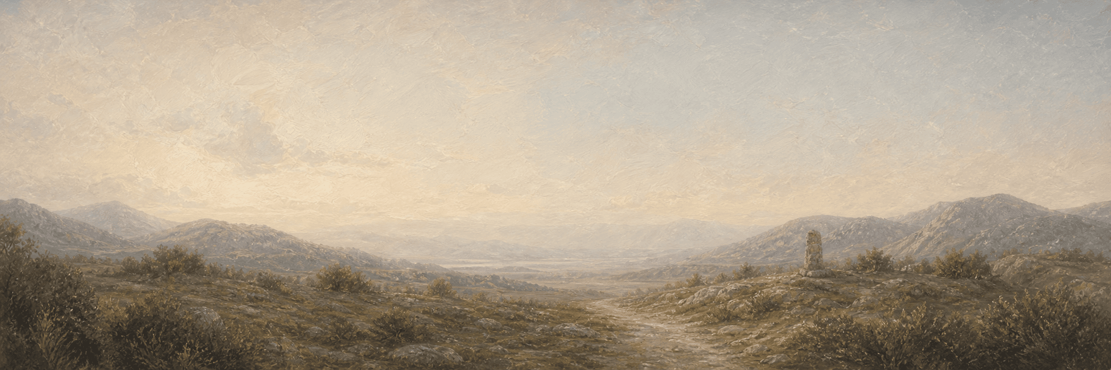 Muted oil landscape of an olive mountain pass with a signal marker