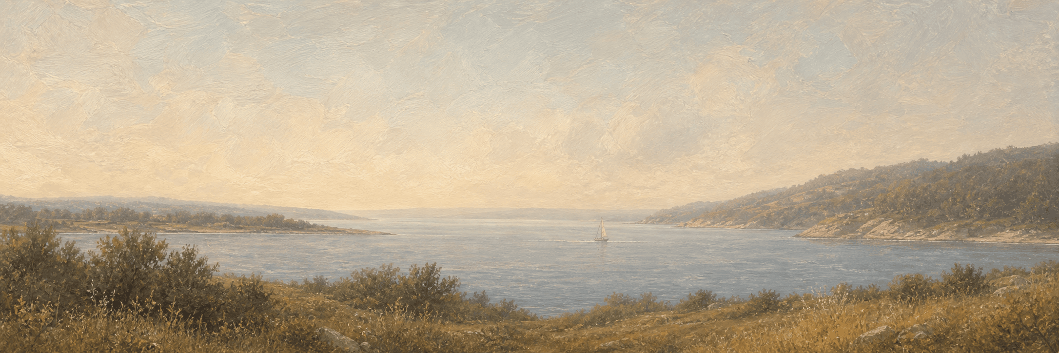Muted oil landscape of a coastal inlet with a small sailboat