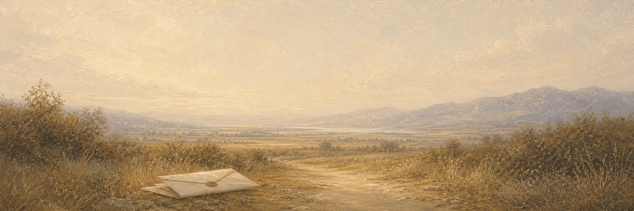 Muted oil landscape of a warm courier road with folded stationery