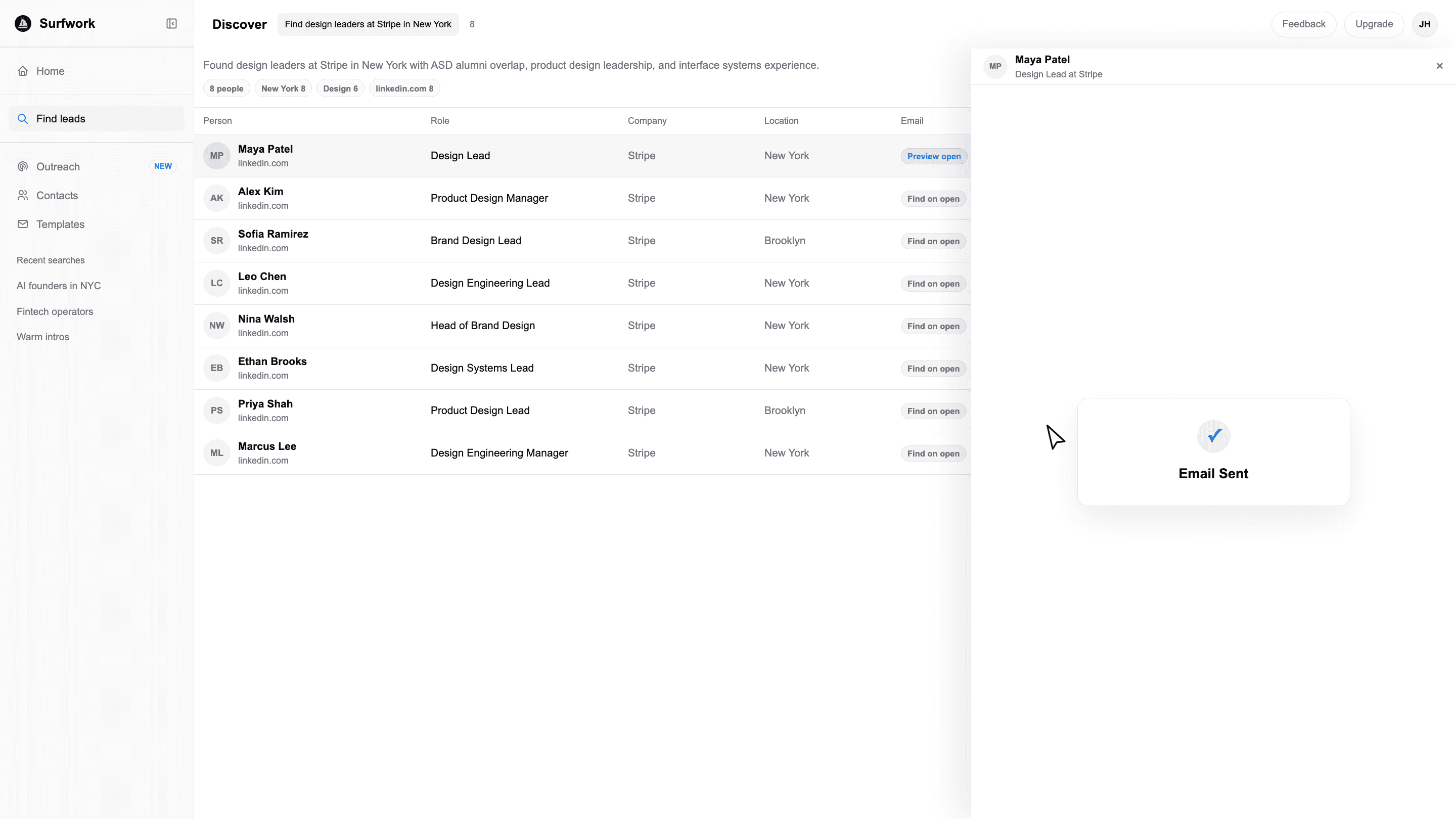 Surfwork product demo showing a people search with an email preview and tracking confirmation